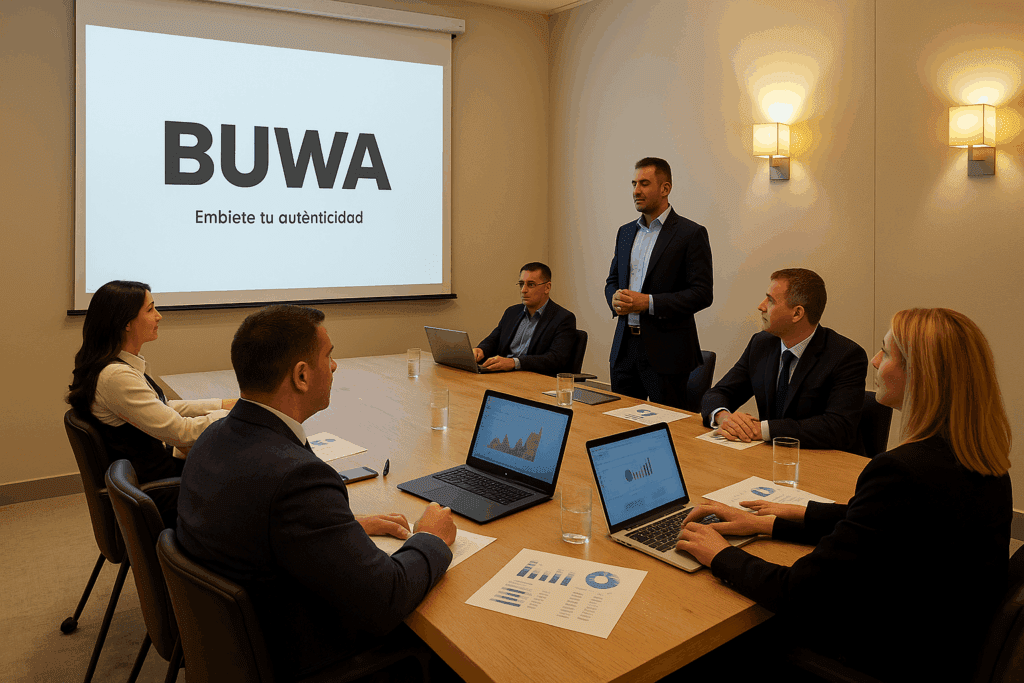 rofesionales de empresa planificando estrategias de formación con banner de BUWA