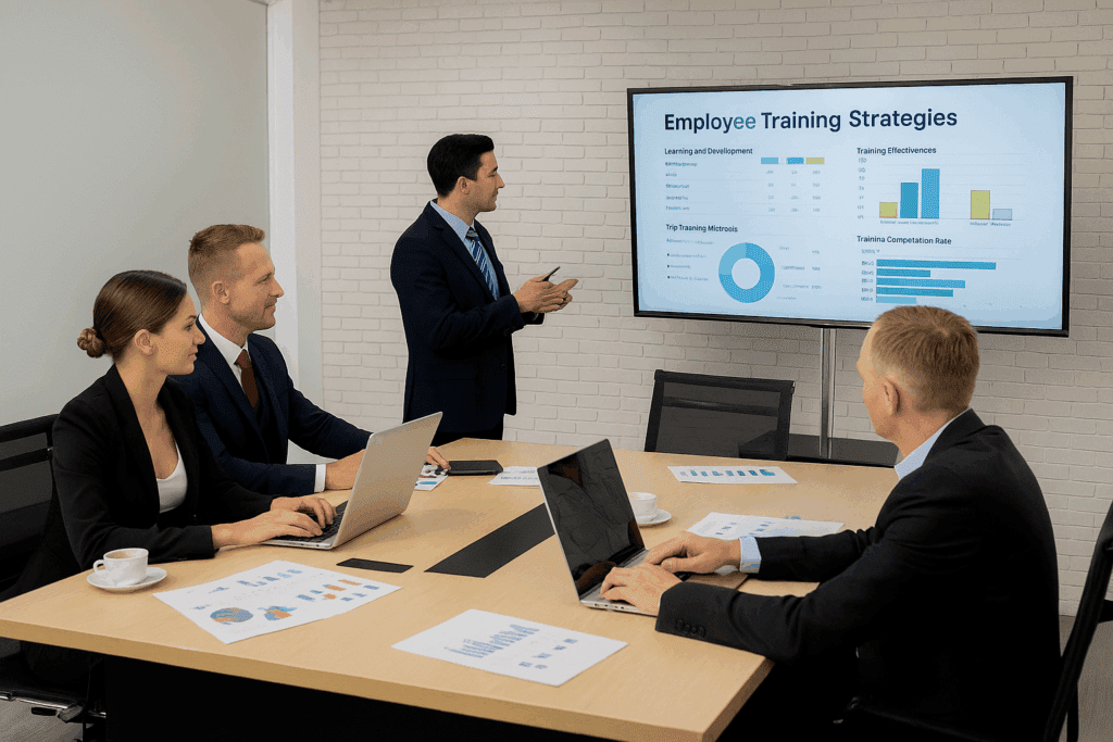 Equipo de recursos humanos planificando el plan anual de formación y desarrollo de empleados en la empresa.