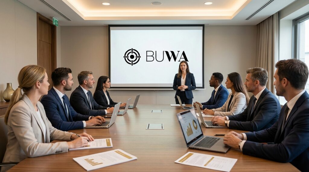 rofesionales de empresa planificando estrategias de formación con banner de BUWA