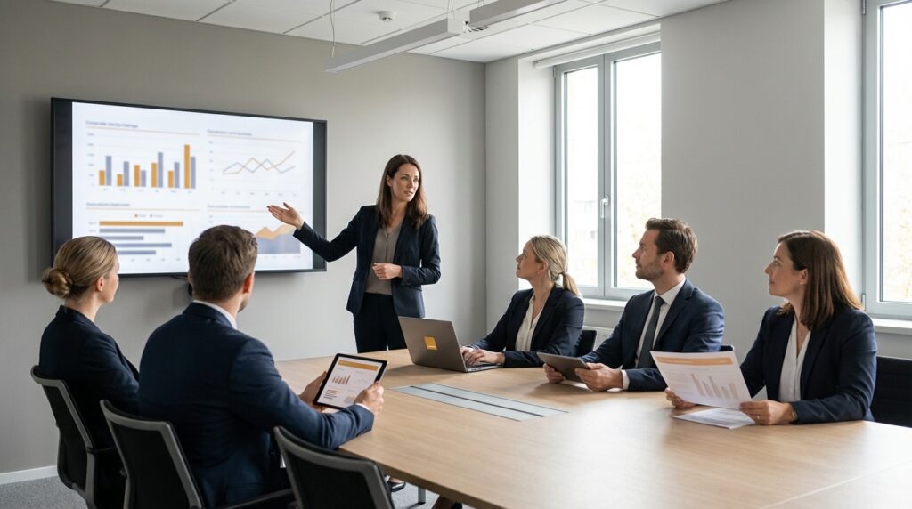 Equipo de profesionales en una reunión de trabajo analizando gráficos de reclutamiento y selección de personal en la oficina