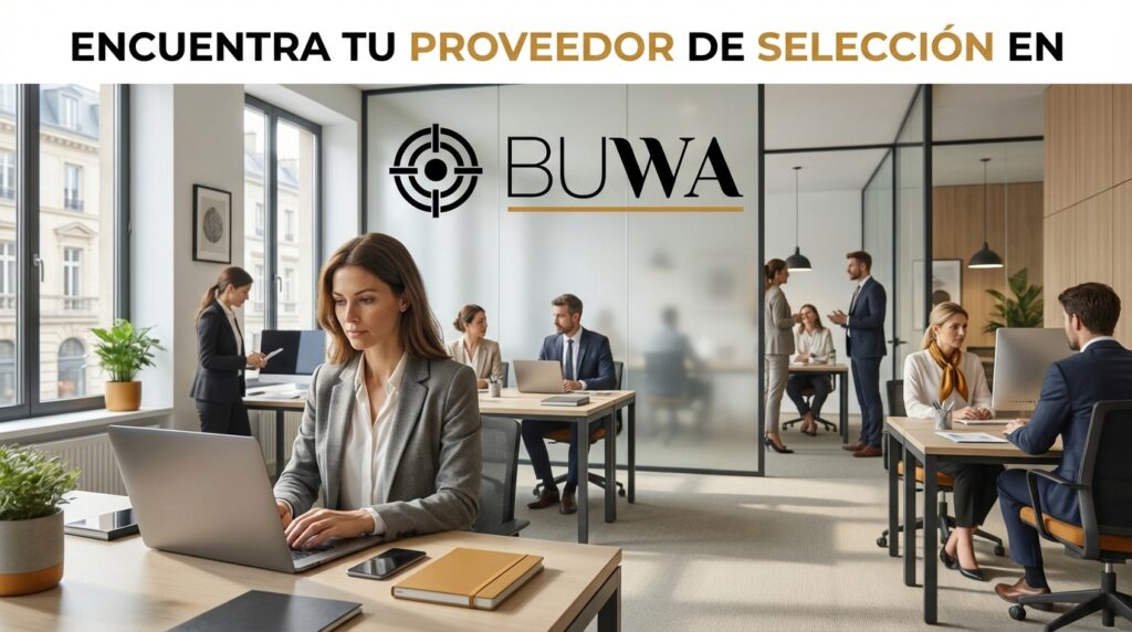 Profesionales de recursos humanos en oficina con ordenadores y gráficos, banner de BUWA para encontrar proveedores de selección de personal en España